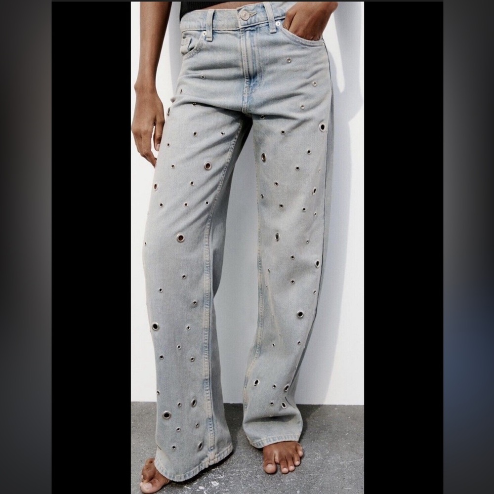 ZARA Light Blue Wide-Leg Jeans with Eyelet Cutouts